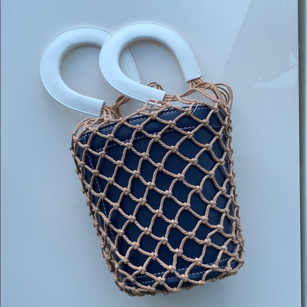 Blue leather netted bucket bag